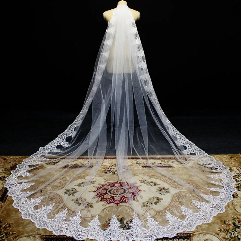 Spitzen-Hochzeitsschleier, funkelnde Pailletten, Spitze, langer Brautschleier mit Kamm, Weiß, Elfenbein, 3 m/3,5 m/4 m, Brautschleier, Hochzeitszubehör