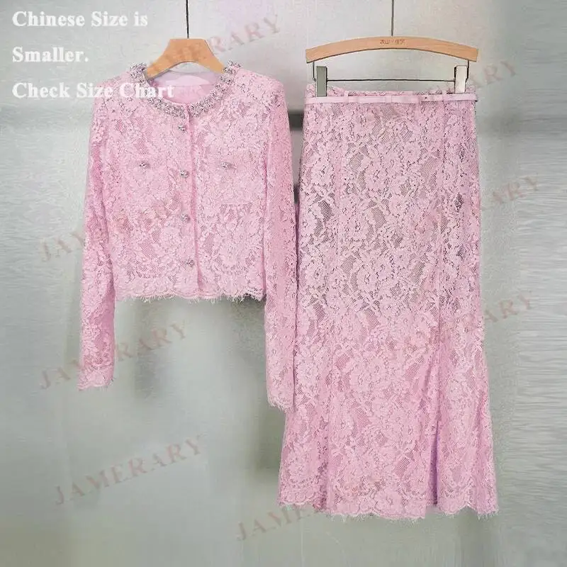 Formale Luxus Abend Langes Kleid Zwei Stück Set Frauen Sommer Herbst Kristall Jacke Spitze Top Midi Fischschwanz Röcke anzüge Outfits Image