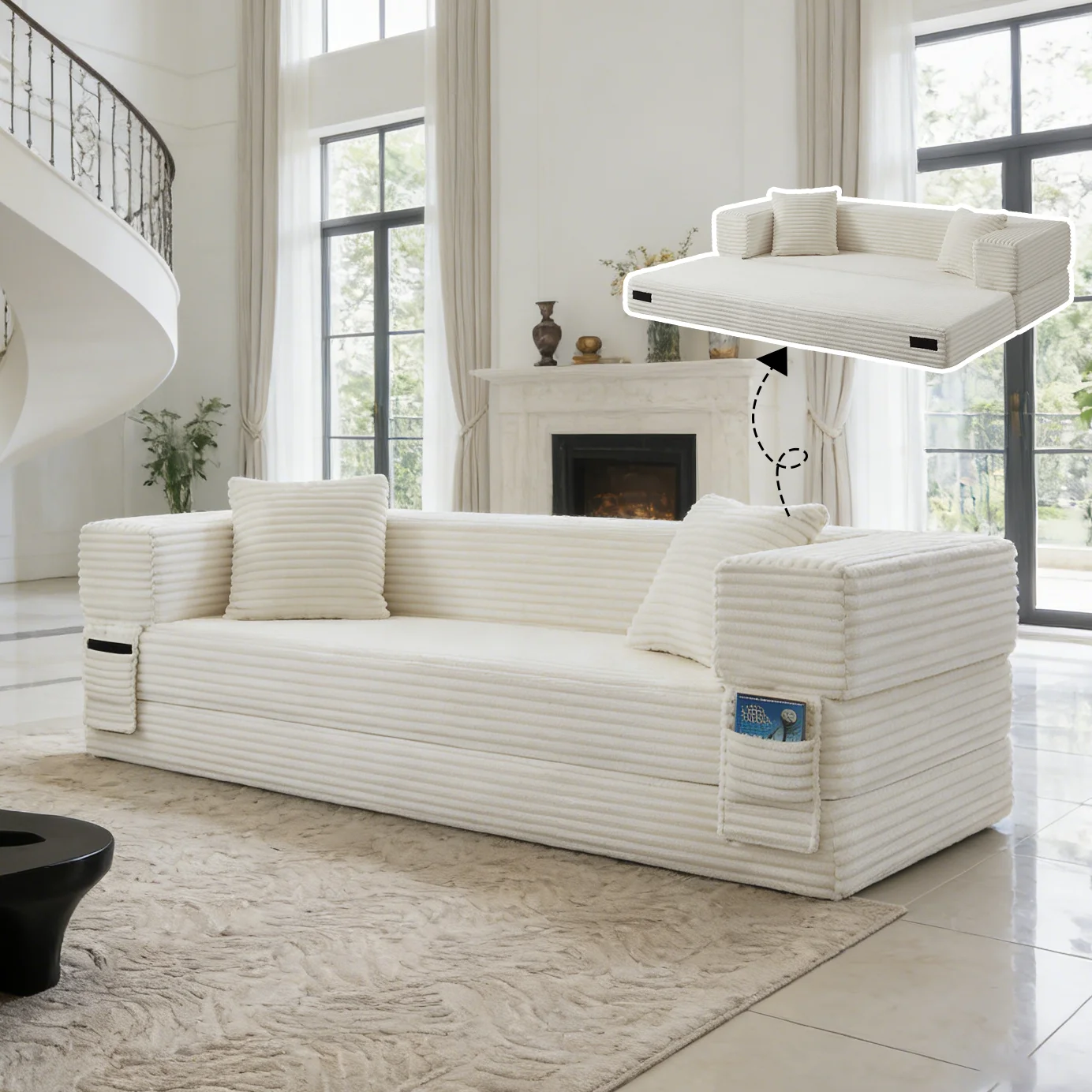 Das Schlafsofa kann zusammengeklappt werden. Es ist ein vielseitiges, multifunktionales, faltbares Sofa/Bett im Wohnzimmer-Stil, das vakuumverpackt werden kann. Image