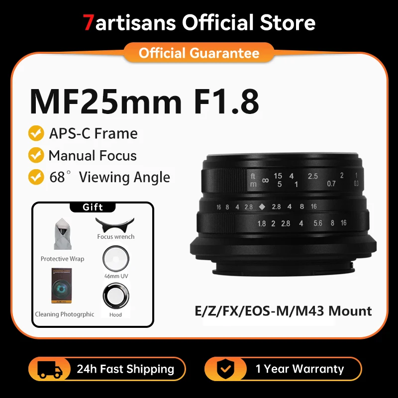 7artisans 25 mm F1.8 APS-C große Blende manuelles Prime-Objektiv für Nikon Z Z50/ZFC Z7 Sony E ZEV10 A6400 A6500 NEX-3 Fujifx X-A1/X-A2 X-T1 X-T4 X-H2 Olympus&Panasonic M4/3 E-PL1/E-PL2 E-M1 GH1/GH2 Lumix G85 Image