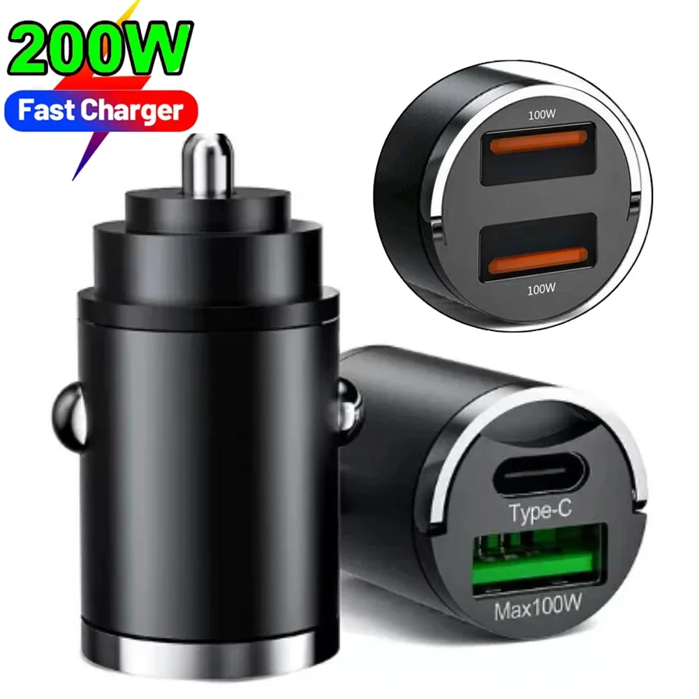 200W Auto Dual Port Mini USB Ladegerät Ultra Schnelle Lade Zigarette Leichter Buchse 12-24V Aluminium handy Lade Adapter Image