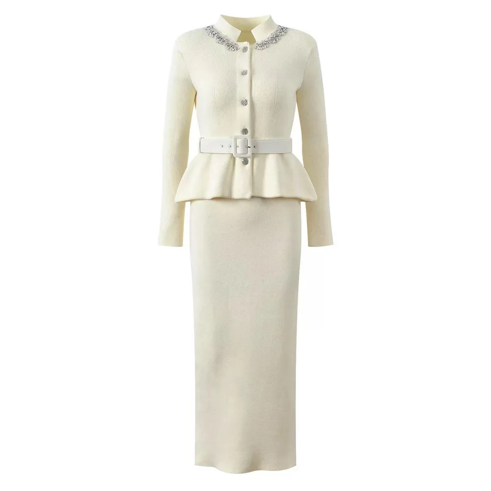 2026 Frühjahr/Sommer Neues weißes elegantes Patchwork-Kleid für Damen mit langen Ärmeln und Diamanten besetzte luxuriöse Damen-Abendkleider Image