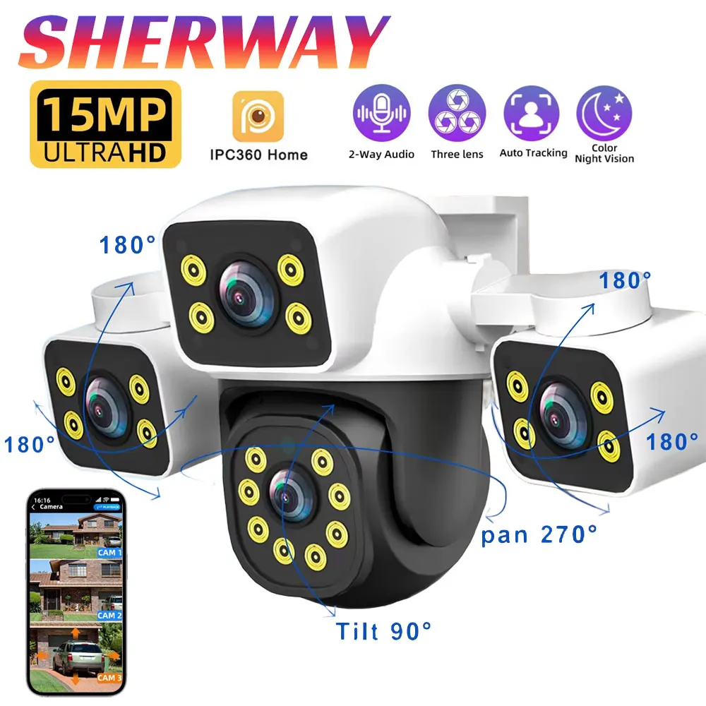 15MP WLAN-IP-Kamera mit drei Objektiven für den Außenbereich, drei Bildschirme, Sicherheit, automatische Verfolgung, drahtloser Alarm, CCTV-Überwachung, IPC360 Heimkamera Image