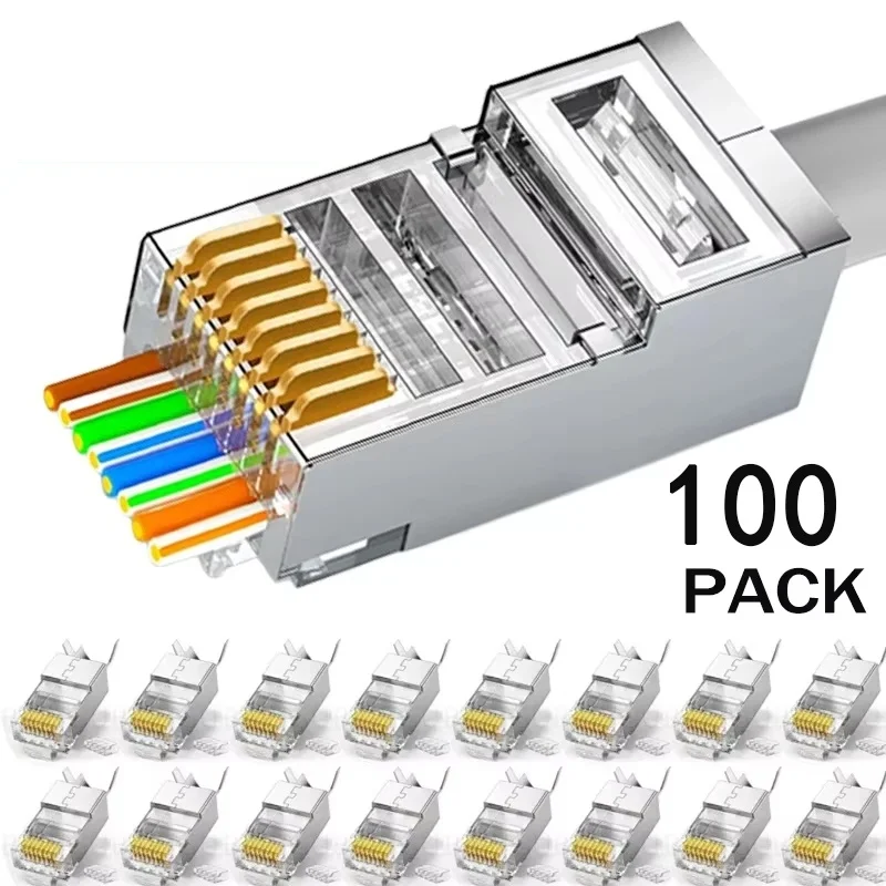 100 Stück RJ45 Cat6/Cat5/Cat5e Pass Through Shielded Connector Network Crystal End vergoldet 8P8C Crimp UTP Ethernet Modularstecker Image