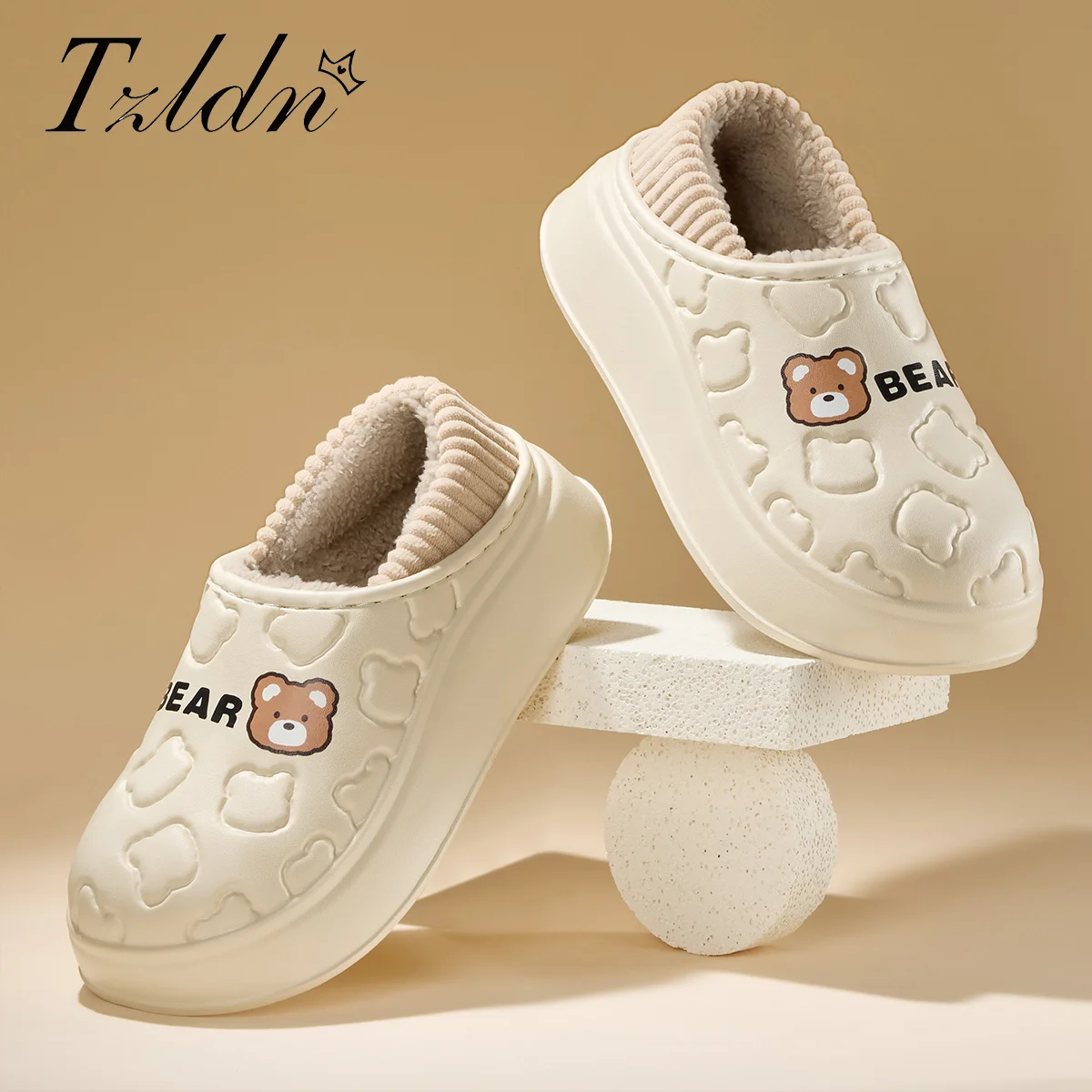TZLDN Damen Herren Haus Wasserdichte Mode Bär Hausschuhe Slip on Schnee Winter Warme, vollständig mit Pelz gefütterte Hausschuhe Indoor Outdoor Schuhe Image