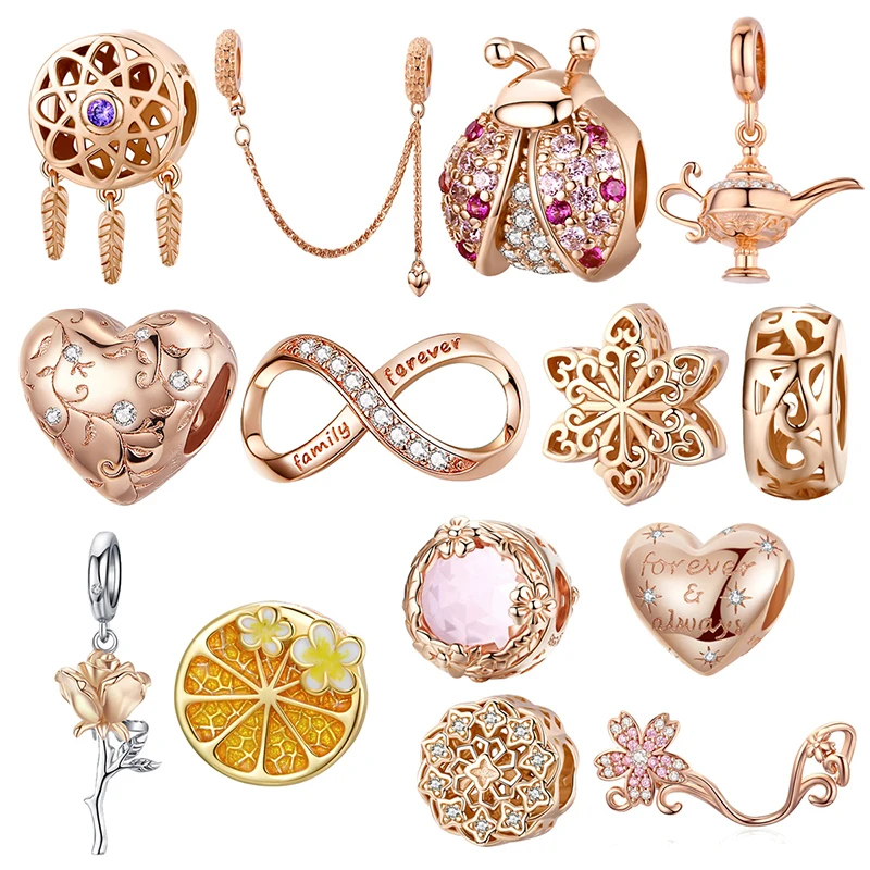 Wostu Heißer Verkauf Charms 925 Sterling Silber Gold Farbe Rose Blume Marienkäfer Machen Original Perlen Silber 925 Schmuck Geschenk