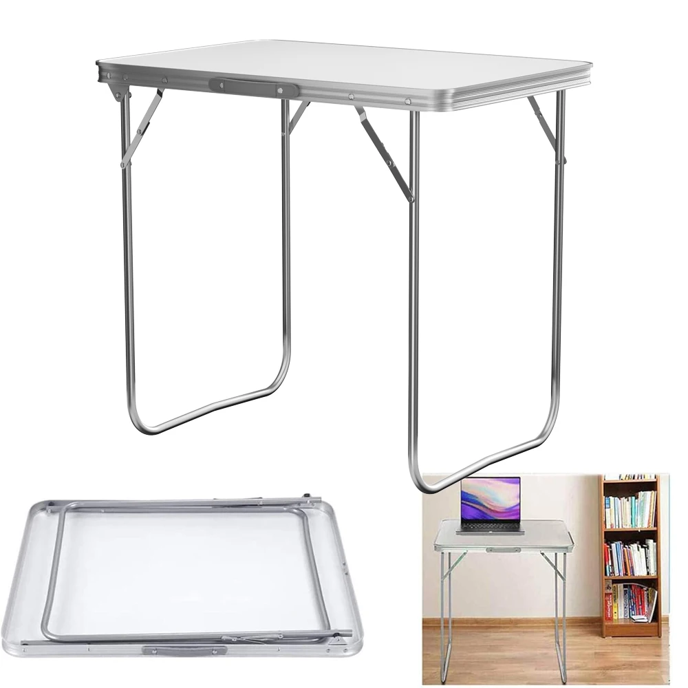 Klapptisch Campingtisch mit Aluminiumrahmen Griff, Gartentisch aus MDF, Reisetisch klappbar, für Picknick Strand im Freien, 80 x 60 x 30 cm (B x H x T) Weiß