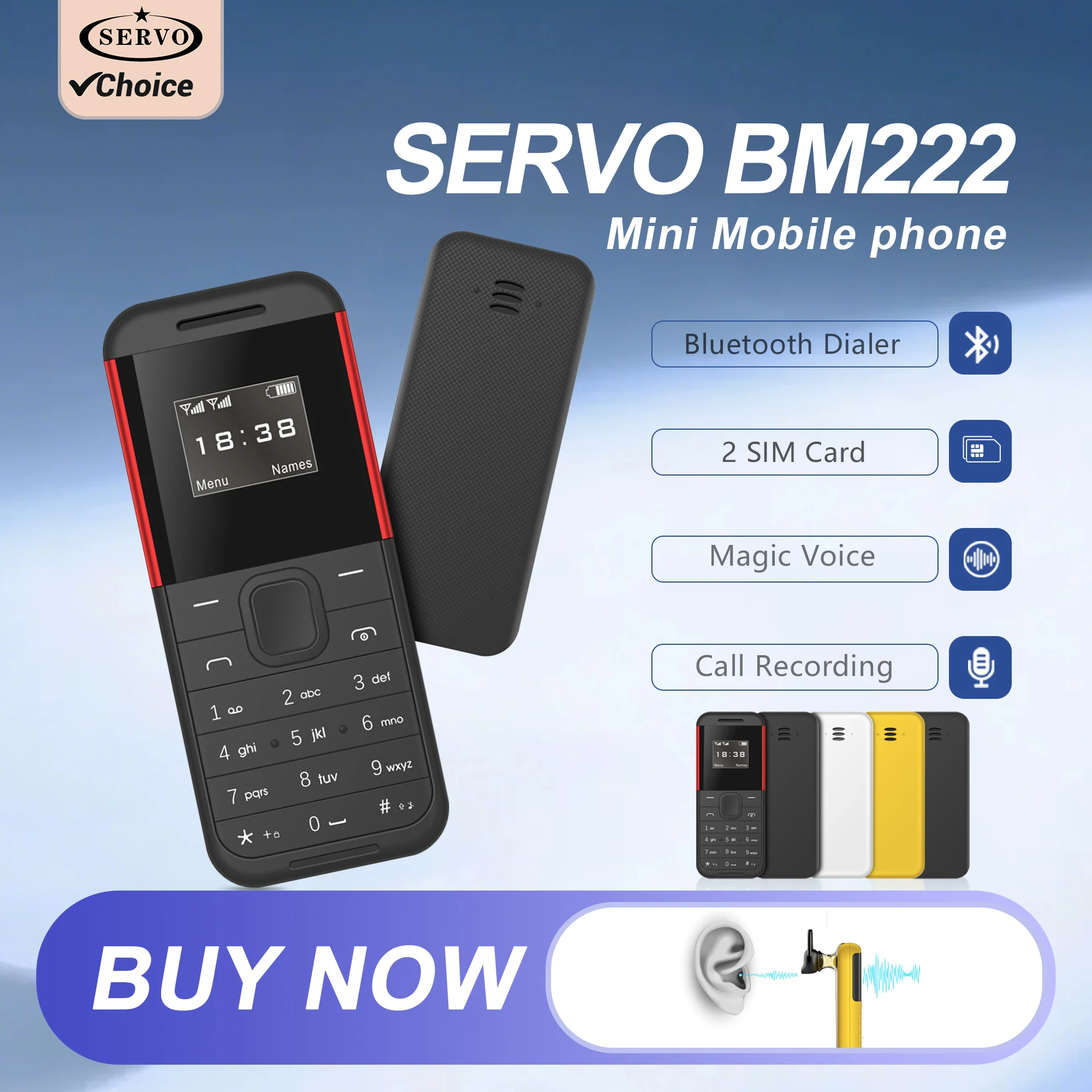 SERVO BM222 Taste Mini-Handy Dual SIM Bluetooth Dialing Magic Voice Blacklist Auto Call Recorder Kleines Backup-Handy Image