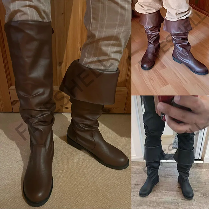 Mittelalterliche Herrenschuhe, oberschenkelhohe Stiefel, flache Herrenstiefel, Retro-Cowboystiefel, Kunstleder, Schwarz, Braun, Cosplay-Stiefel