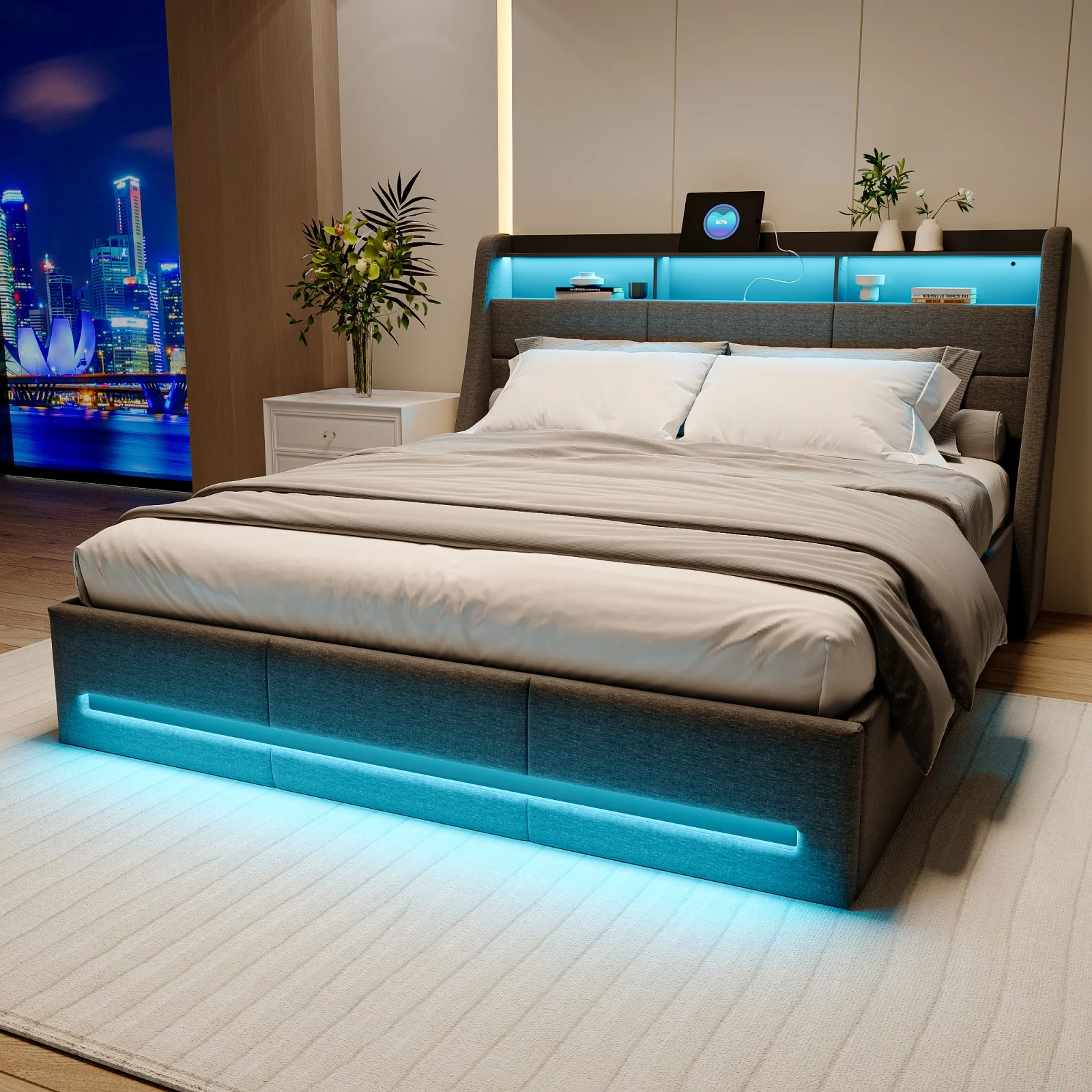 Kofferraumbett 160x200, Pattbett mit hydraulischem Stauraum, Doppelbett mit Lattenrost und Kopfteil, mit LED und USB