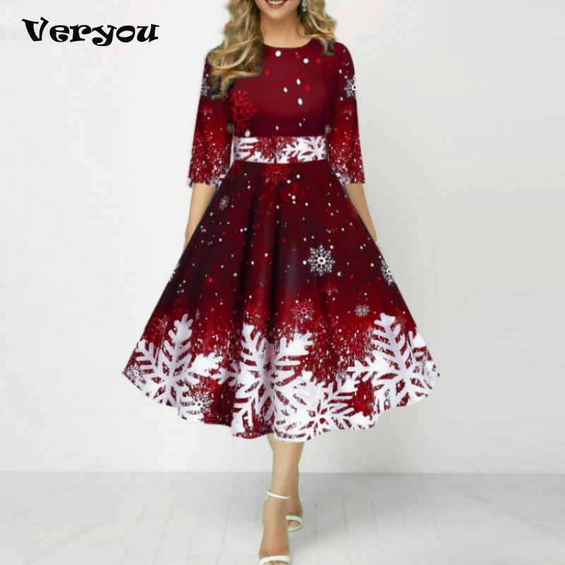 Weihnachtskleid für Damen, O-Ausschnitt, 3/4-Ärmel, A-Linie, Partykleider für Damen, modisches bedrucktes Midikleid, rotes Abendkleid