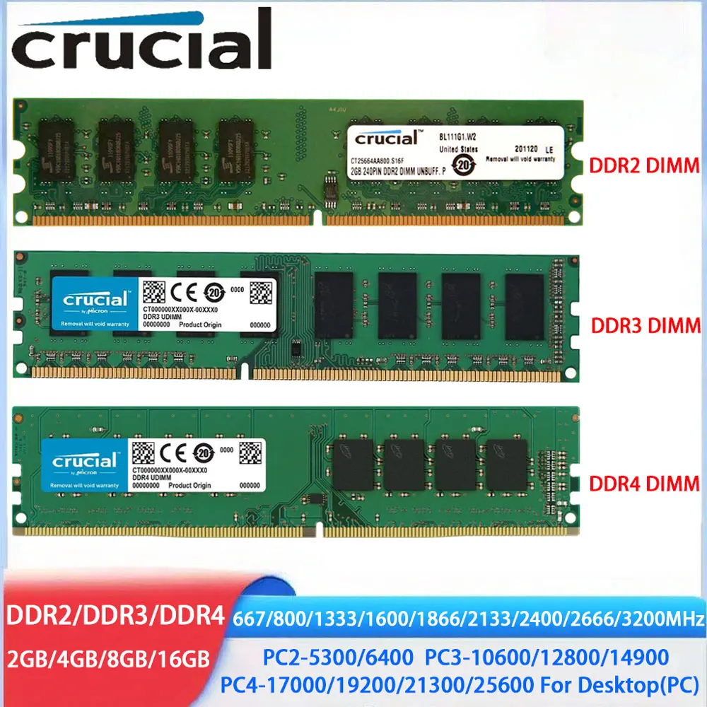 Crucial Memoria DDR4 DDR3 DDR2 2 GB 4 GB 8 GB 16 GB 32 GB 3200 MHz 2666 2133 2400 1866 1600 1333 667 800 MHz PC Desktop DIMM RAM-Speicher Image