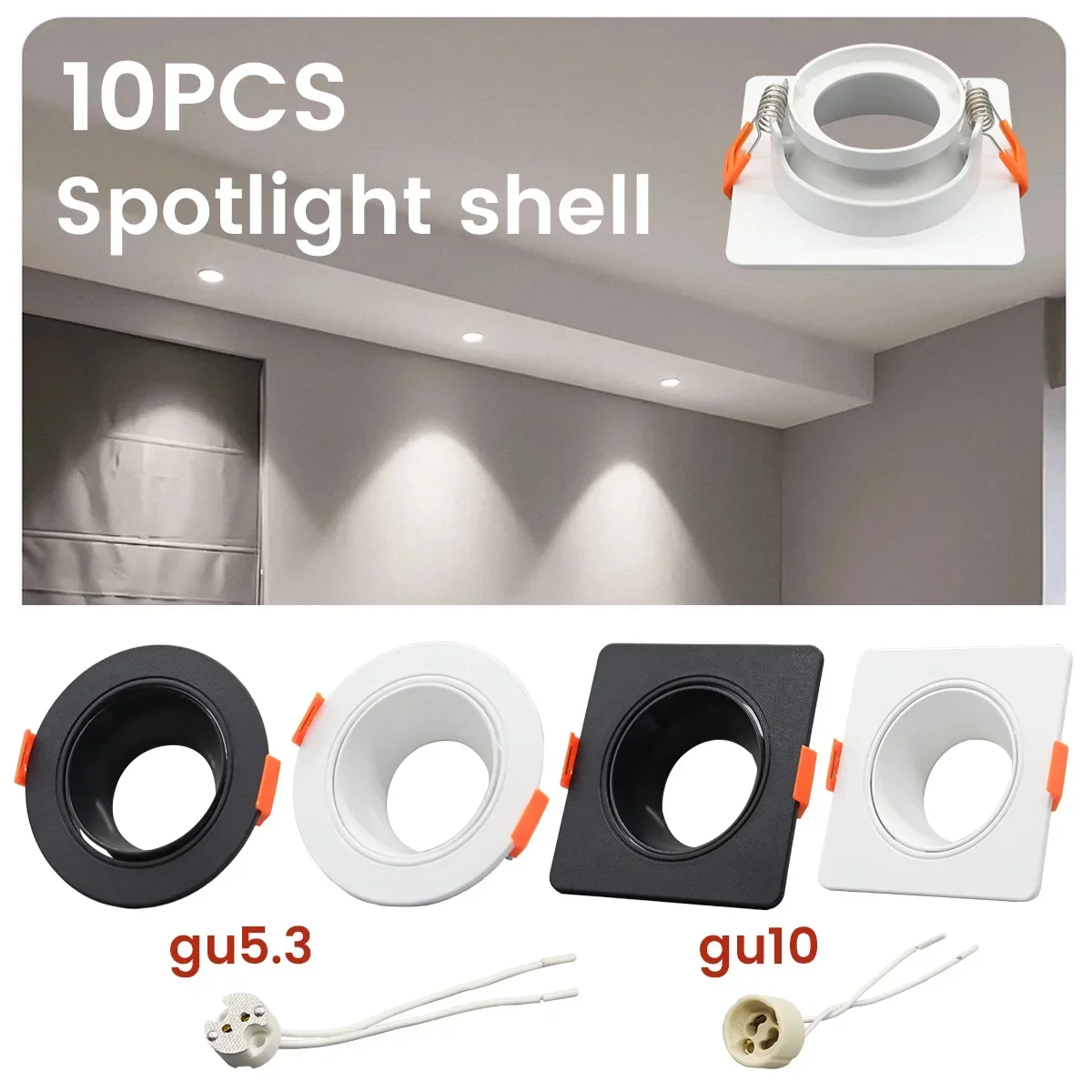10PCS Embedded Deckenstrahler Kit Quadratisch Einstellbar Weiß Schwarz Runde Licht Kit Gu10 Gu5.3 Basis Cearmic Lampenfassung