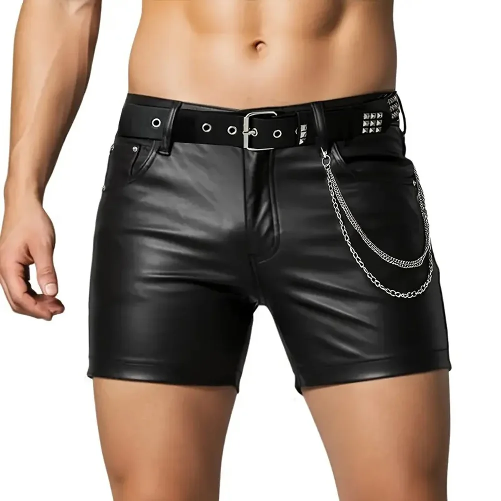 Lässige Herren-Shorts mit Taschen aus Kunstleder und Stoff, Punk-Stil, Hotpants für Nachtclub, gerade, knielang Image