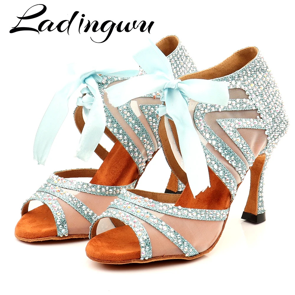Ladingwu Tanzschuhe für Damen, lateinamerikanische Glitzer- und Mesh-Ballsaal-Tanzstiefel für Mädchen, Salsa-Tanzschuhe, Strass, Blau, Rot, Schwarz Image