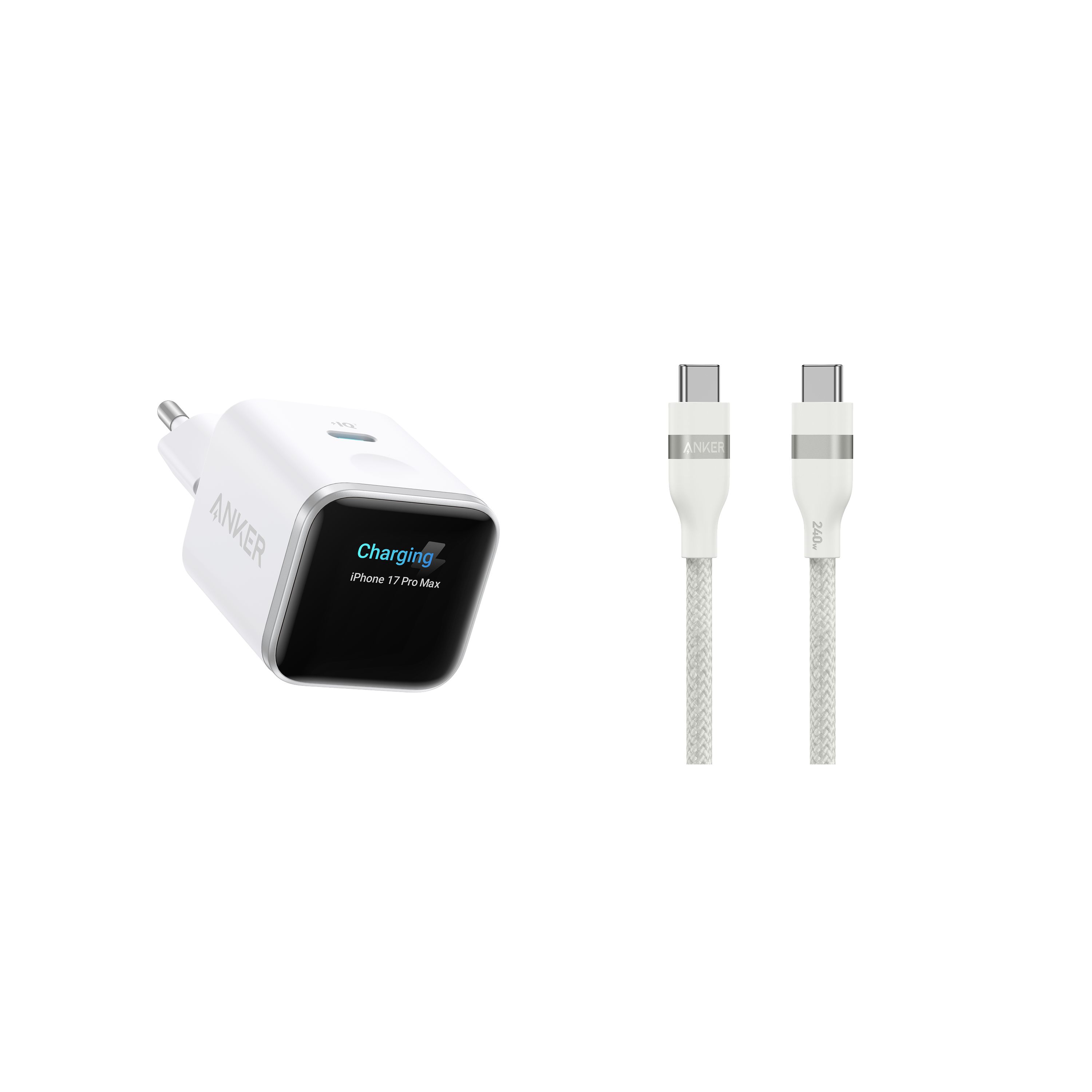 Anker Nano Ladegerät (45W, Smart Display)+Anker USB-C auf USB-C Kabel (90cm/180cm, 240W, Upcycled-Geflochten) Image