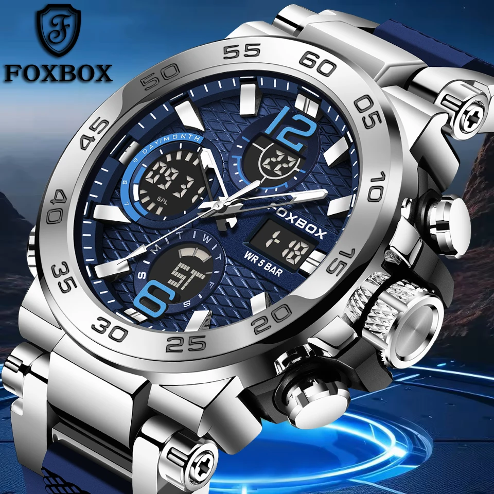 FOXBOX Sport männer Digitale Uhr Mode Quarz Große Zifferblatt Uhr Männer Casual Leuchtende Wasserdichte Uhren Chronograph Uhr Männlich