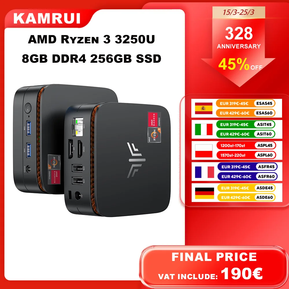 KAMRUI E1 Mini-PC AMD R3 3250U 8GB DDR4 RAM 256GB M.2 SSD Bis zu 3,5GHz Dual 4K WLAN5 Win11PRO Mikro-Desktop-Computer für das Büro