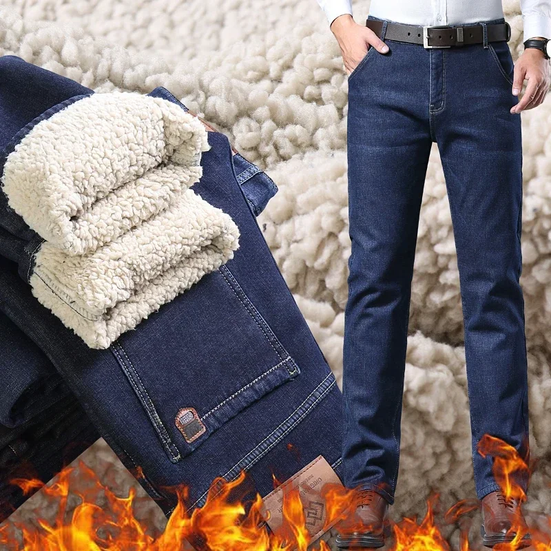Winter Herren Fleece Dicke Sherpa Jeans Business Casual Samt Gerade Denim Hosen Männliche Wolle Plüsch Klassische Stretch Hose Image
