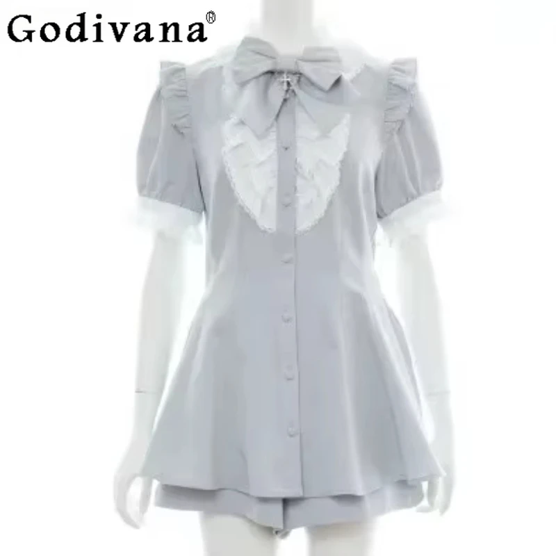 Große Größe L-5XL Zweiteilige Sets Mine Series Mass Production Kleid mit Peter-Pan-Kragen, abnehmbare Schleife, schwarzes, großes Shorts-Set-Kleid