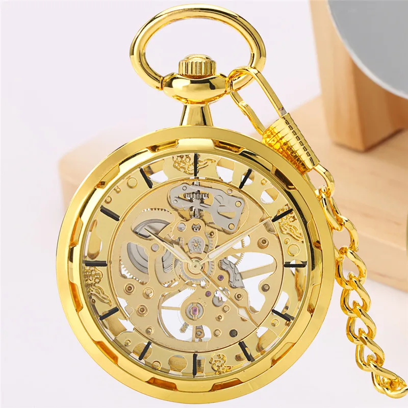 Bronze Handaufzug mechanische Taschenuhr Gold transparent Skelett Fob Kette antike Uhr leuchtende Zeiger Geschenk für Männer Frauen