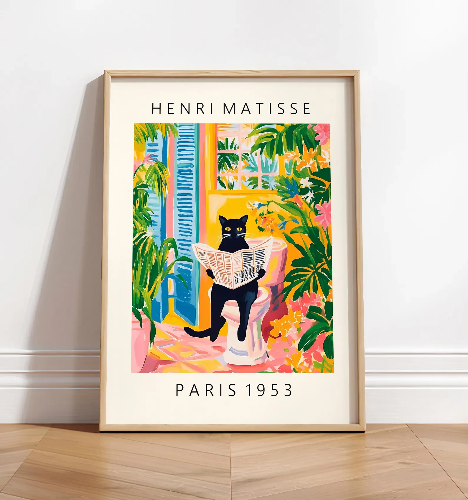 Schwarze Katze auf der Toilette, Badezimmer-Wandkunst, Matisse-Poster, lustiges Badezimmer-Dekor, rosa tropisches Dekor Image