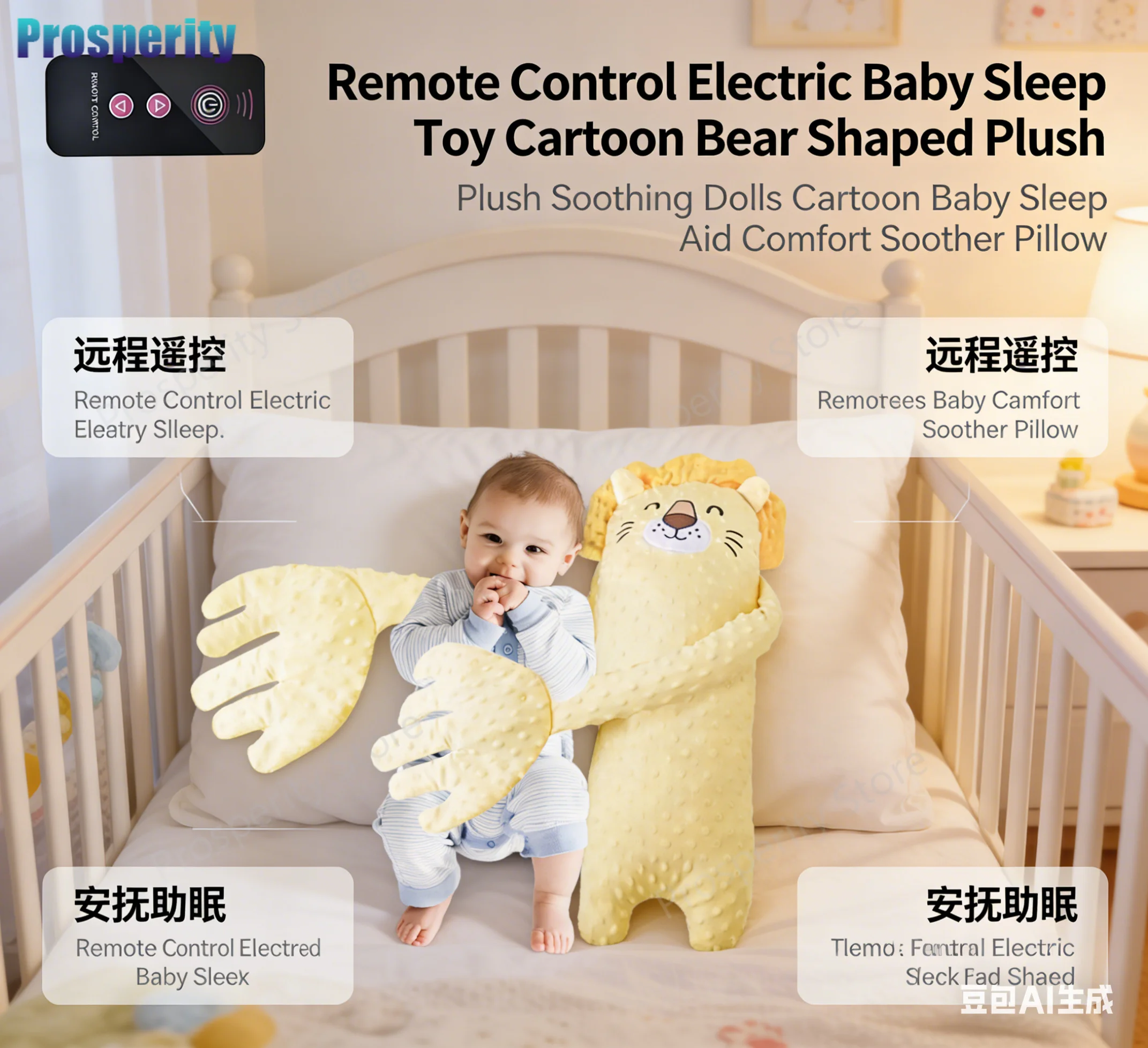 Elektrisches Baby-Beruhigungskissen mit Fernbedienung, Handmassagefunktion, Cartoon-Löwen-Plüsch, Schlafhilfe-Spielzeug für Neugeborene, Komfort-Beruhiger Image