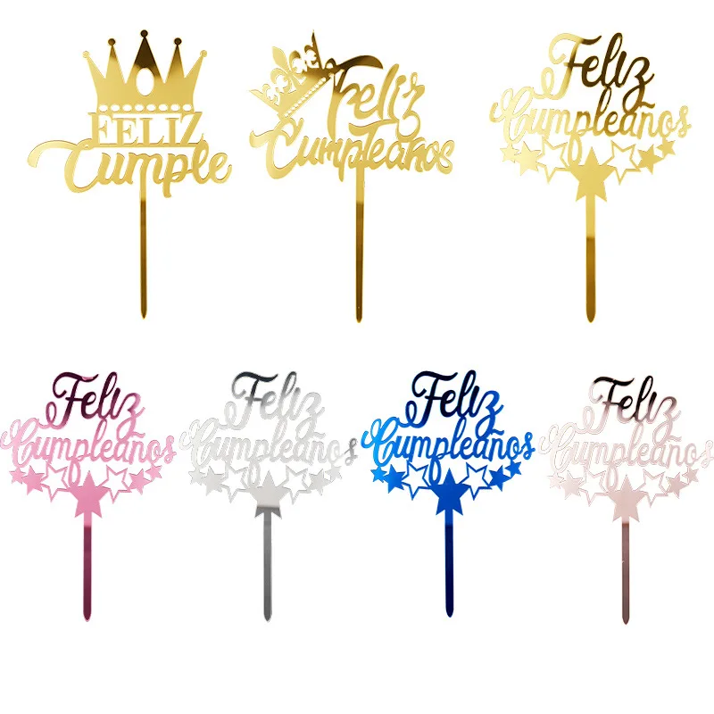 Spanischer Happy Birthday Cake Topper mit goldener Krone aus Acryl für Geburtstagsfeiern, Babypartys, Kuchen- und Dessertdekorationen. Image