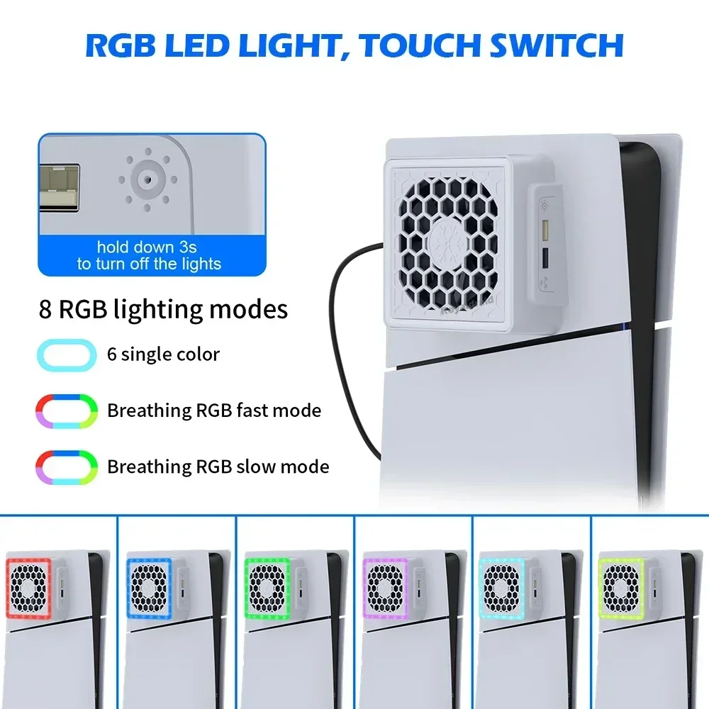 Seitlich montierter Lüfter mit LED-Licht, 2 USB-Anschlüssen, Spielekonsolen-Lüfter, Seitenkühler für PS5 SLIM Gaming-Konsole Image