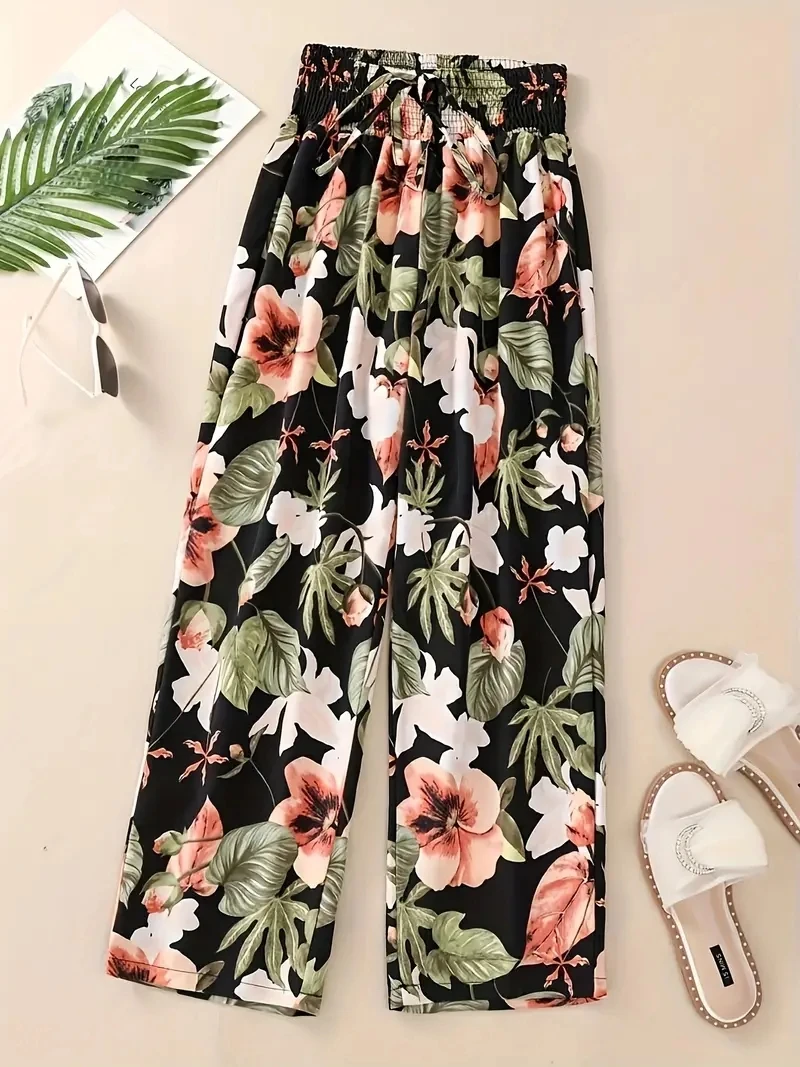 Blumenhose Frühling und Sommer dünne hohe Taille schlanke Eisseide Stretch Floral gerade Bein Damenhose Image