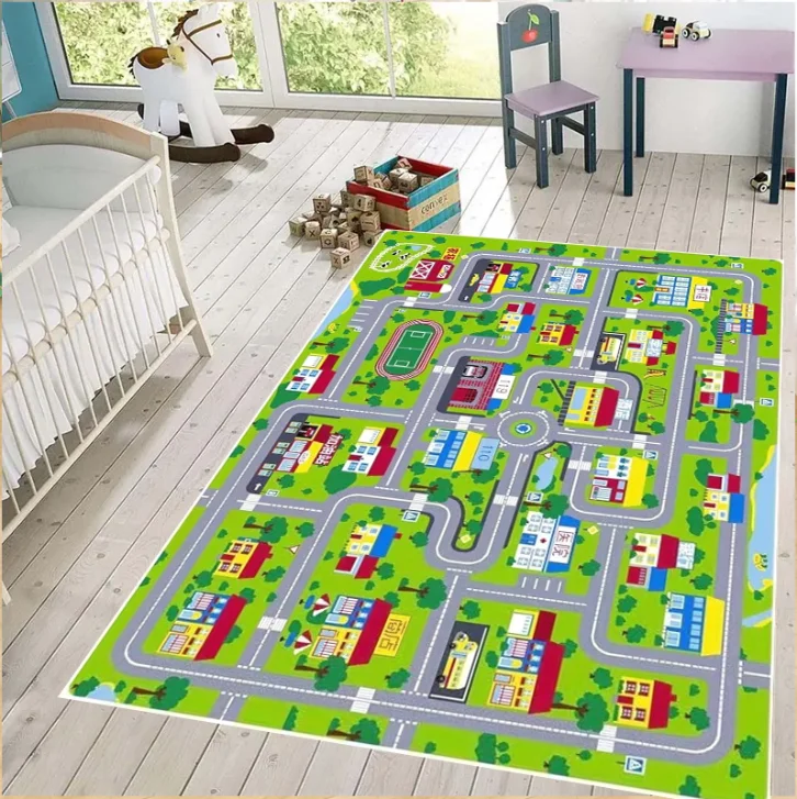 Stadtplan-Spielteppich für Kinderzimmer, Stadt-Straßenbahn-Teppich, Spielzeugautos, interaktive Spielzimmer-Bodenmatte, Kinderzimmer, Kleinkind-Heimdekoration