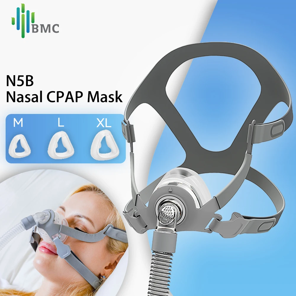 BMC Nasen-CPAP-Maske N5B mit M/L/XL Silikonpolster, Apnoe-Maske mit verstärktem Kopfgurt für Anti-Schnarch-CPAP-Zubehör Image