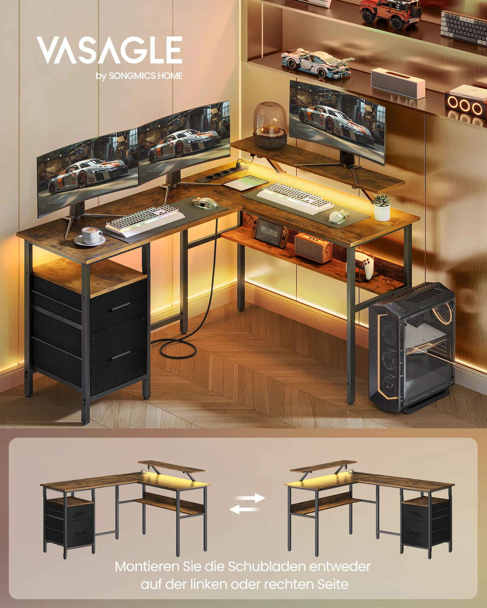VASAGLE L-förmiger Schreibtisch mit Steckdosen, Eckschreibtisch, Computertisch, Monitorständer, Gaming-Tisch, LED-Beleuchtung Image