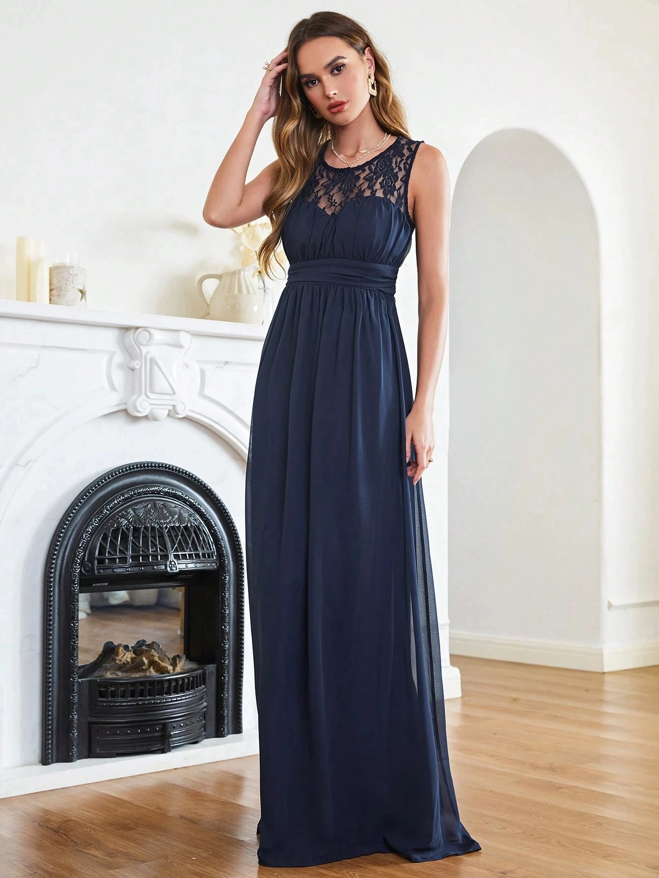 Baby online d. r. e. s. s. Brautjungfer kleid Kontrast Spitze geraffte Taille Chiffon Illusion Hals Chiffon und Spitze Kleider Cabernet Image