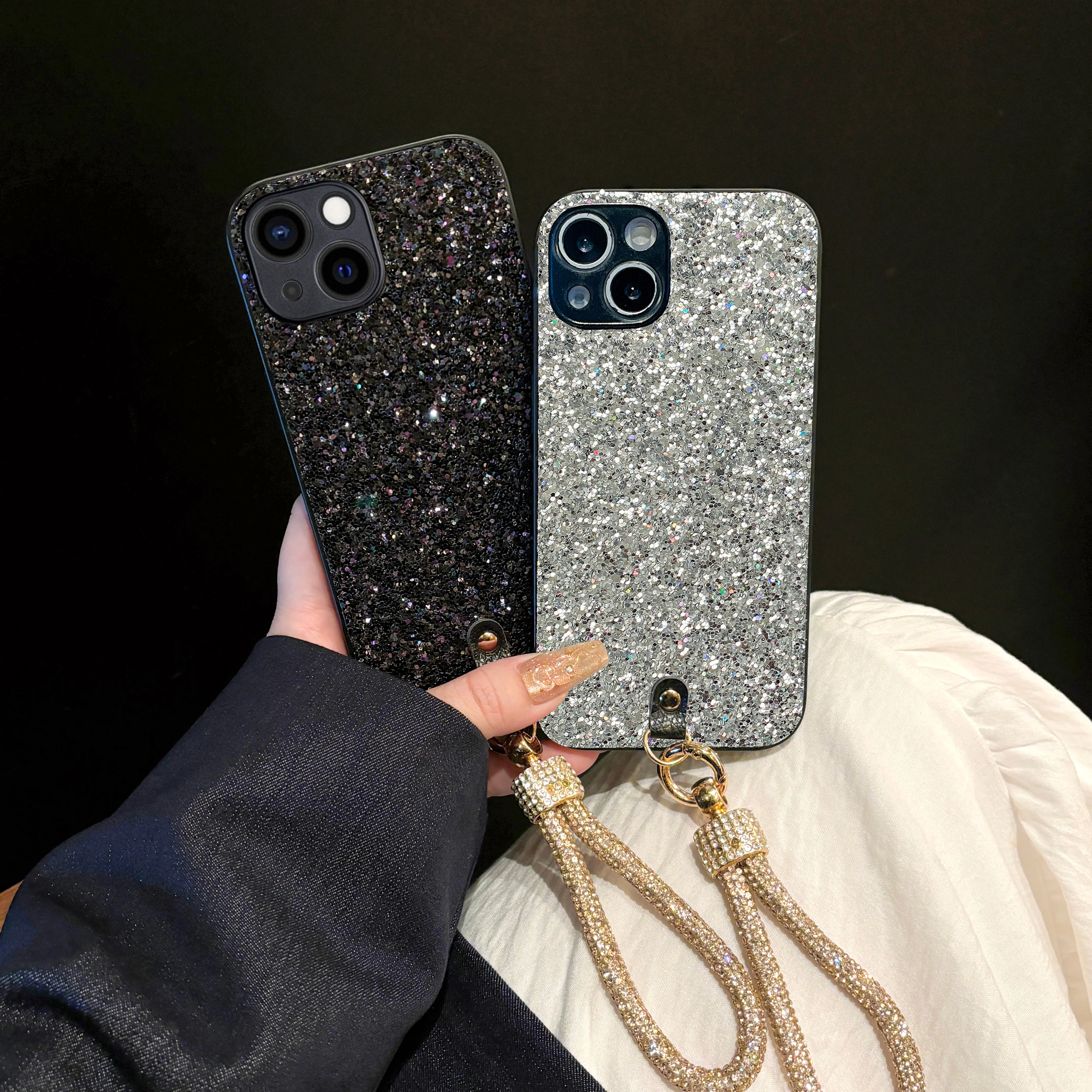Luxuriöse Glitzer-Handyhülle mit Strass-Optik für iPhone 17 16 15 14 13 12 11 Pro Max Plus XR 17Air 17/16E – Bling-Lanyard-Softshell Image