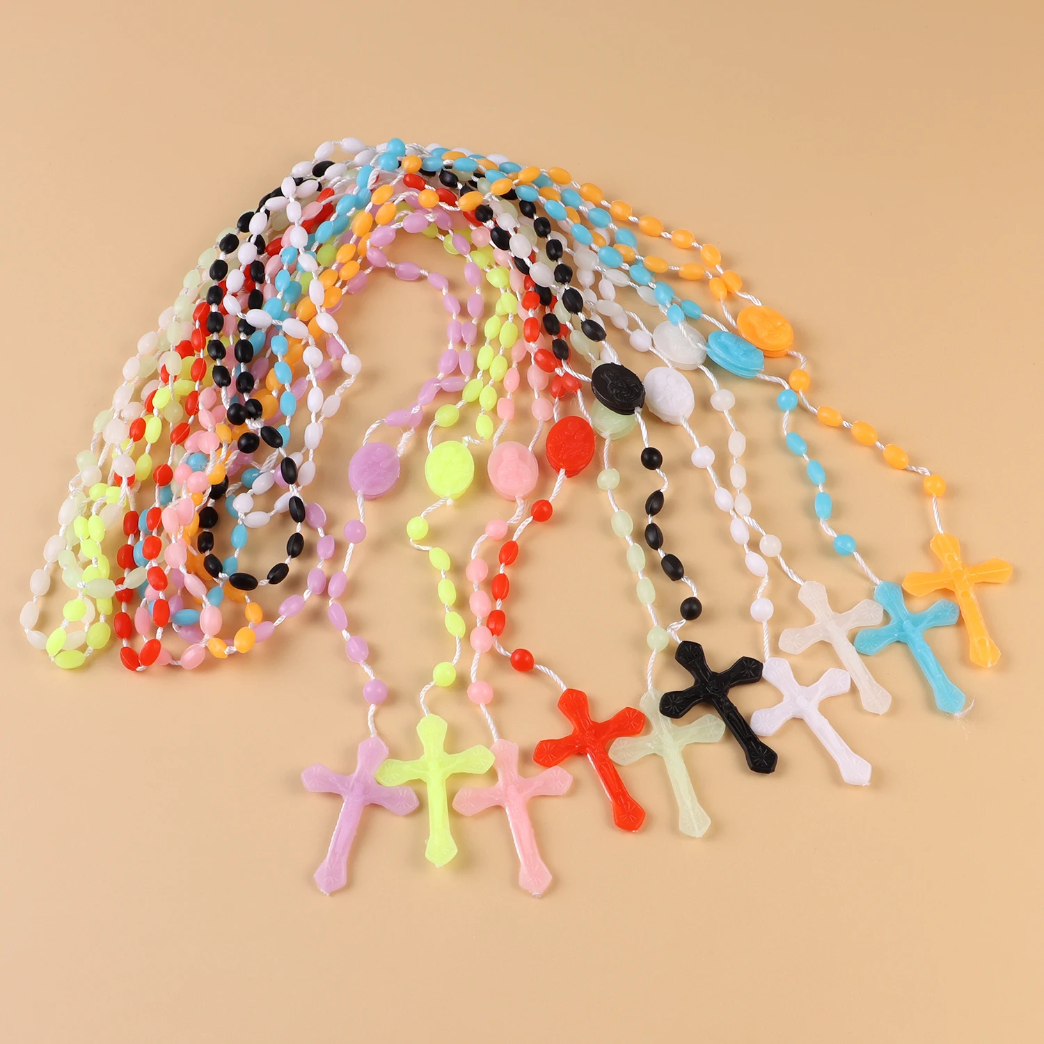 Mehrfarbige leuchtende Kunststoff-Gebetsperlen, Rosenkranz-Halskette, Katholizismus, Rose, Bibel, Perle, Kreuz, Anhänger, Halskette, religiöser Schmuck Image