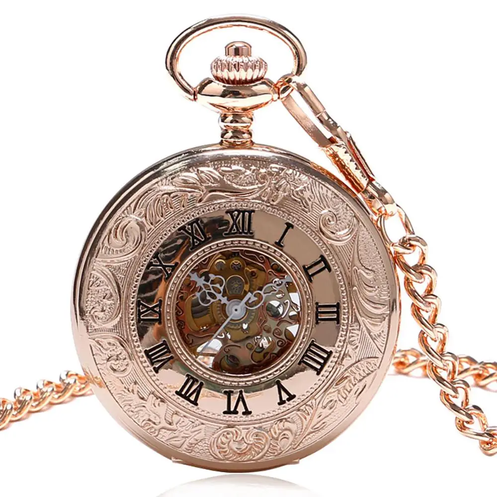 Charm Rose Gold mechanische Taschenuhr Herrenuhr Damen Kleid Kette Schmuck Mode Double Open Hunter FOB Uhr Geschenk online Image