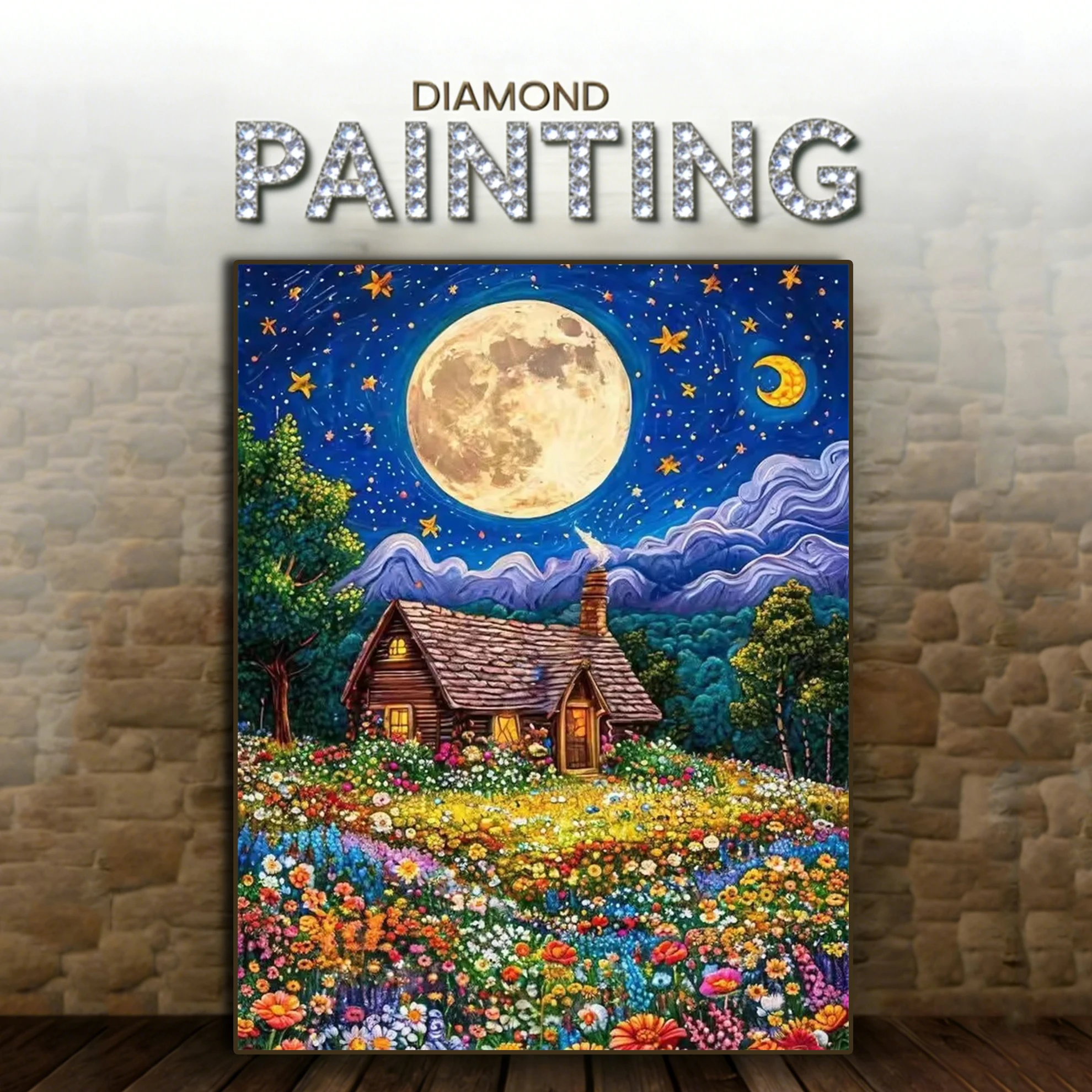 AZQSD Diamantmalerei Haus-Landschaft Kunsthandwerk Strass-Bilder Diamant-Mosaik Mond Wohndekor-Artikel Image