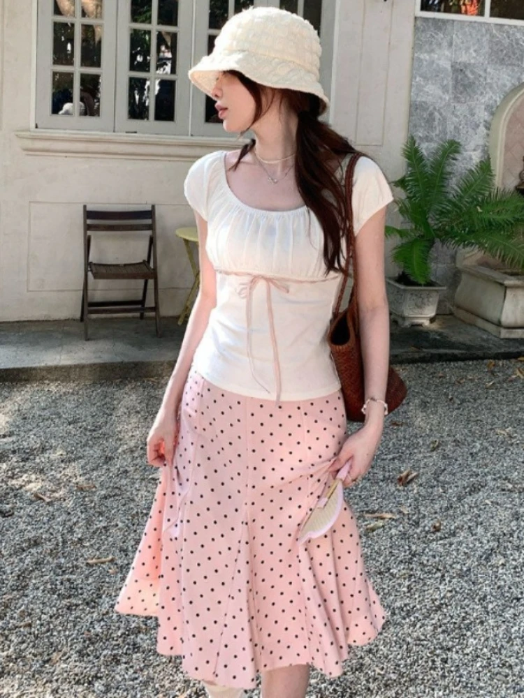 Deeptown Sweet Polka Dot Rock für Damen, elegant, Vintage-Stil, rosa, mit Rüschen, kurze Röcke im koreanischen Stil, Fairycore, Sommer, A-Linien-Rock, schmal geschnitten