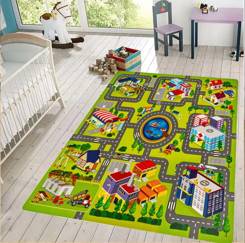 Stadtplan-Spielteppich für Kinderzimmer, bunter Stadt-Straßenbahn-Teppich, Spielzeugautos, interaktives Spielzimmer, Bodenmatte, Kinderzimmer, Kleinkind-Schlafzimmer