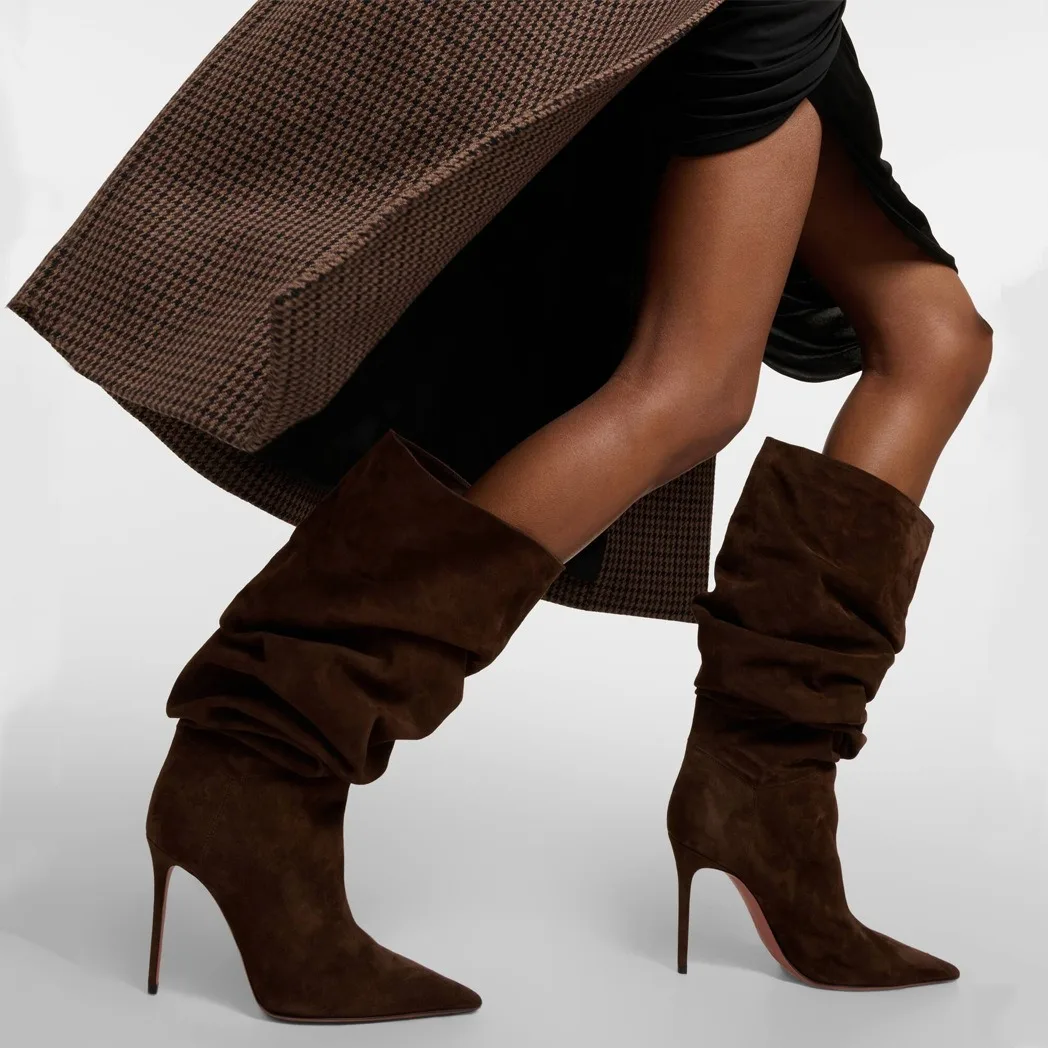 2022 Damen Herbst und Winter Neue plissierte kurze Stiefel mit hohen Absätzen und spitzen Ärmeln, große mittellange Damenstiefel 35-47