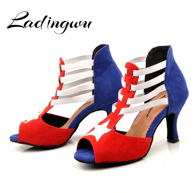 Ladingwu Latin dance schuhe Frauen Wildleder Rot Blau Weiß spiel breiten dünnen high heel 7,5 cm Salsa Leistung Ballsaal tanzen schuhe