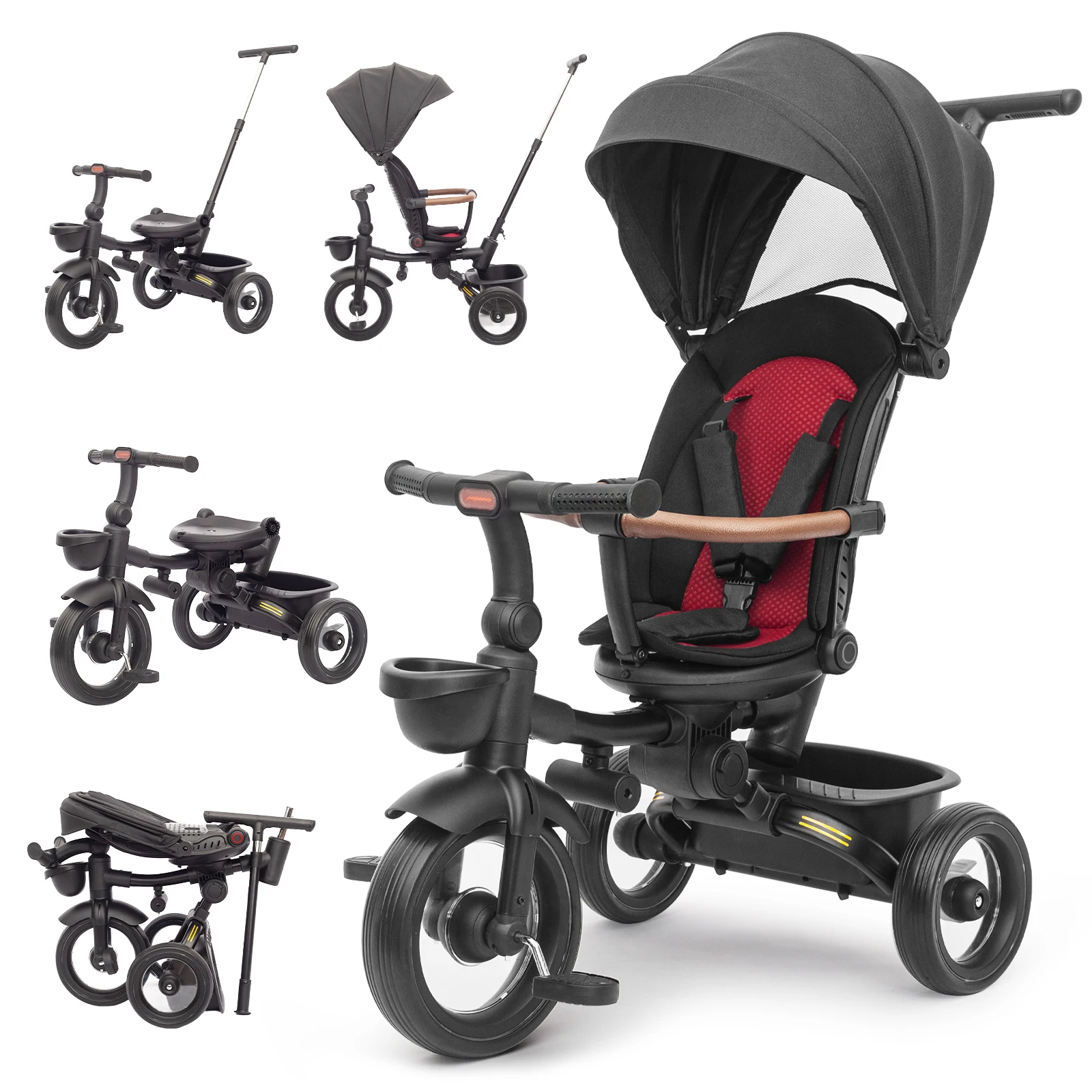 Baby-Dreirad, 7-in-1 Klappbares Dreirad für Kinder von 6 Monaten bis 5 Jahren, Bremspedal, Verlängerter Baldachin, Abnehmbare Reling Image
