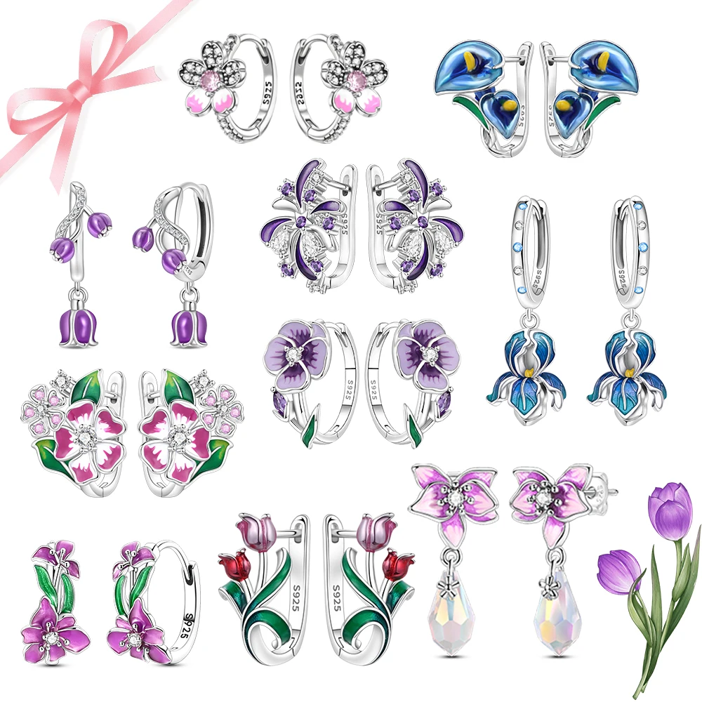 Blumen-Serie 925 Sterling Silber Blühende Tulpen Morgenglorien Rose Lotus Ohrringe Wunderschöne Passende Geschenke