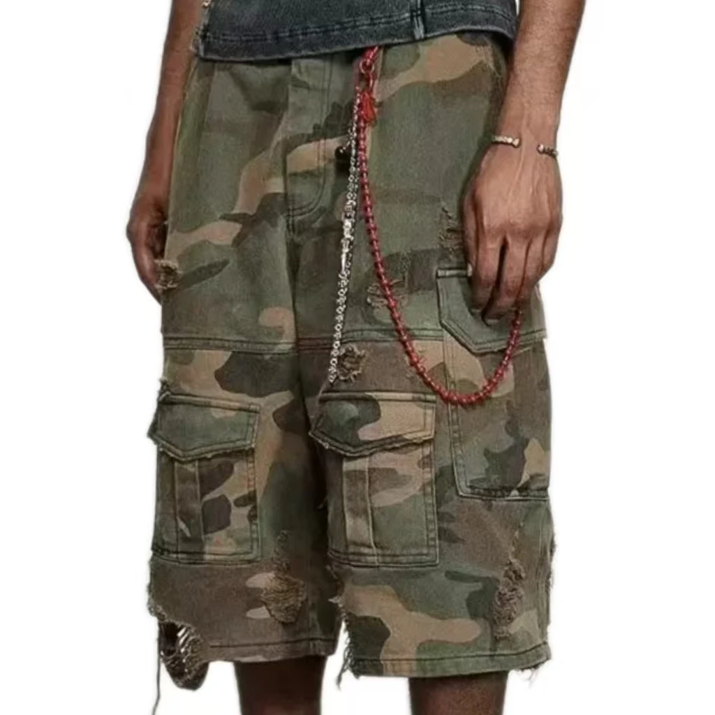Camouflage Ripped Washed Old Men Vintage Loose Wide-Leg Pants American Retro Hip-Hop Pocket Gothic High Street Casual Jeans