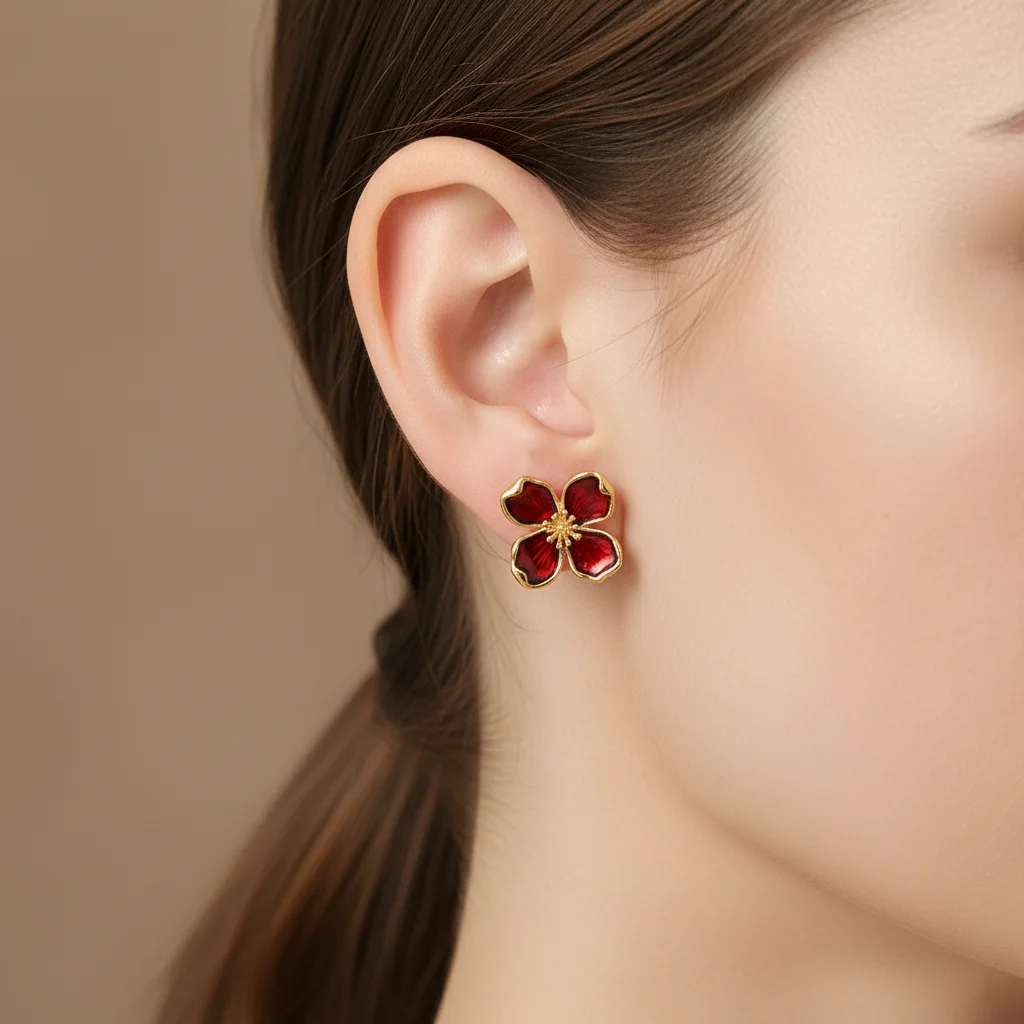 Elegante Blumen-Ohrstecker für Damen - Rot-Blaue Emaille 18K Vergoldetes Blumendesign - Modeschmuck Geschenk Täglicher Ohrschmuck Image