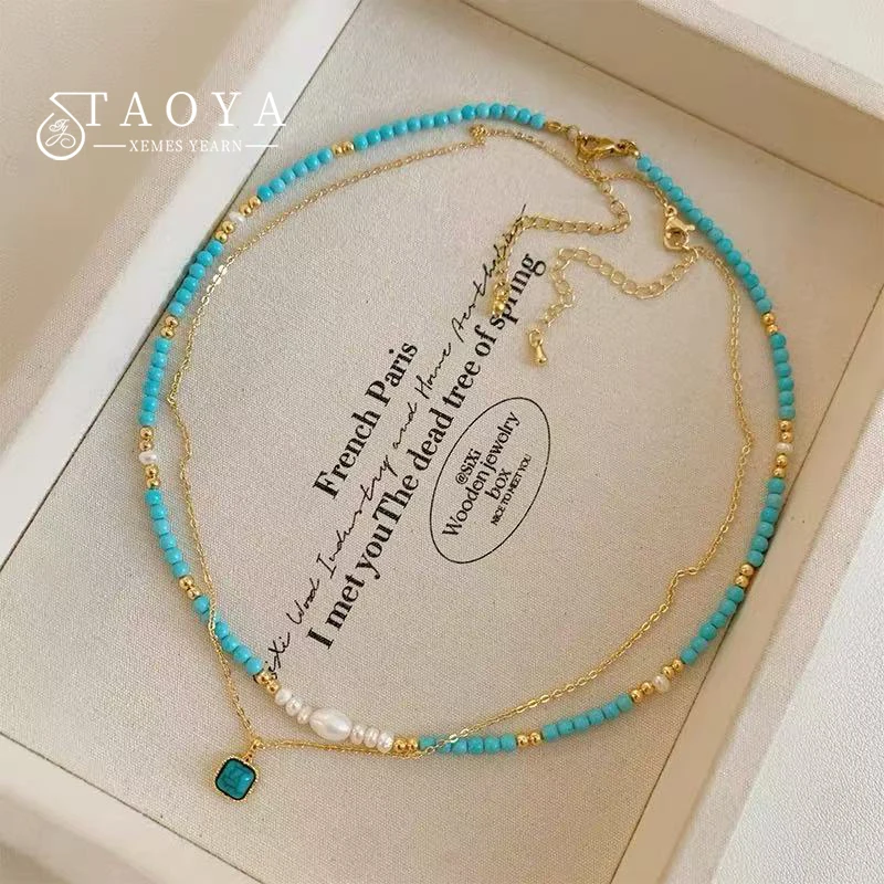 Elegante doppelschichtige geschichtete Nachahmung Türkis natürliche Perle Perlen Halskette trendigen Schmuck für Frauen Sexy Schlüsselbein Kette