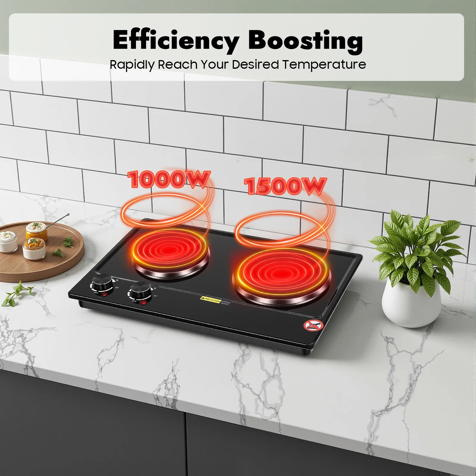 1000W+1500W Elektrische Kochplatte, Doppelbrenner-Elektroherd, Einstellbar von Niedrig- bis Hochhitze, 2 Heizelemente