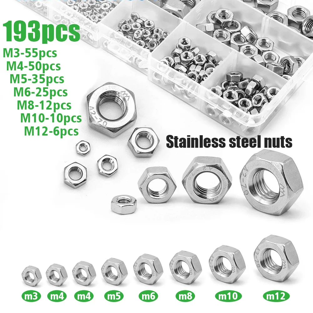 193 Stück M3 M4 M5 M6 M8 M10 M12 Sechskantmuttern aus Edelstahl, Zubehör für Industrieanlagen, Haus- und Gebäudewartung. Image