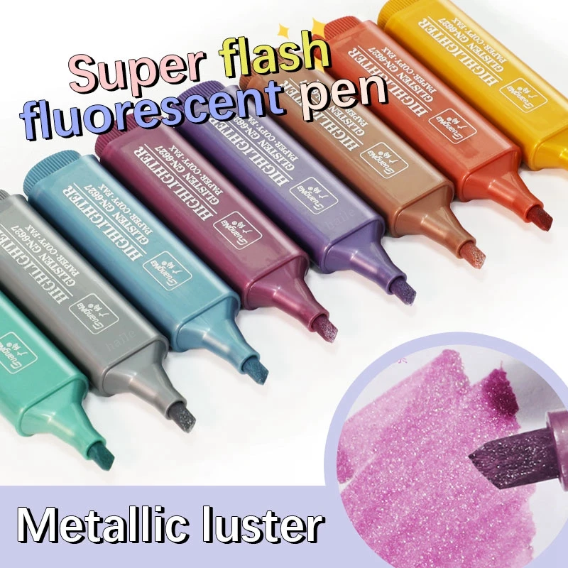 Haile 8-teiliges Set Metallic-Textmarker Morandi Goldpuder Glitzer-Textmarker für Notizen Journaling Graffiti-Stift Schreibwaren Image